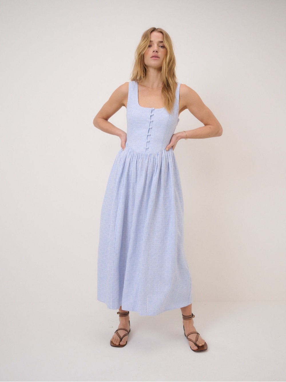 67. Nobody’s child • NWT $320 Blue Striped Square-Neck Midi Dress PTP 15-17”
